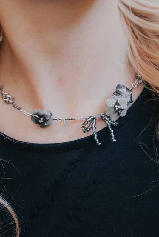 Dark Green Bowknot Floral Necklace - "Bouquet"