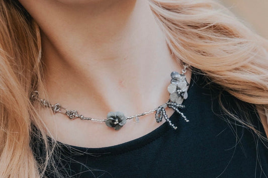 Dark Green Bowknot Floral Necklace - "Bouquet"