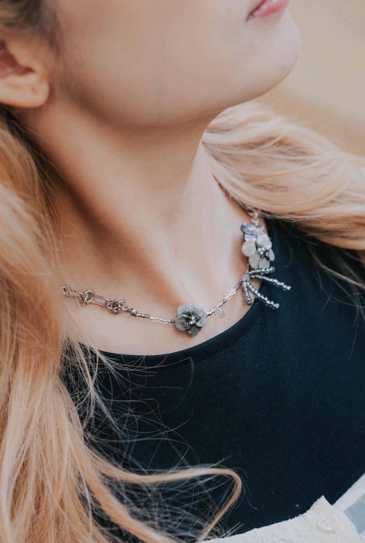 Dark Green Bowknot Floral Necklace - "Bouquet"